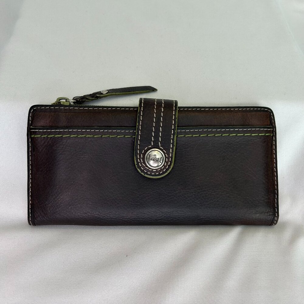 Share Vintage FOSSIL Brown Soft Leather Bifold Wallet Green Lining Snap & Zip CL